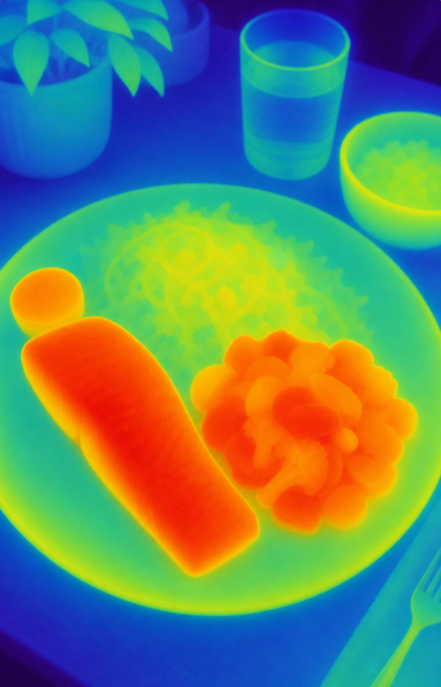 Depth heatmap of a plated meal used as visual context for portion reasoning