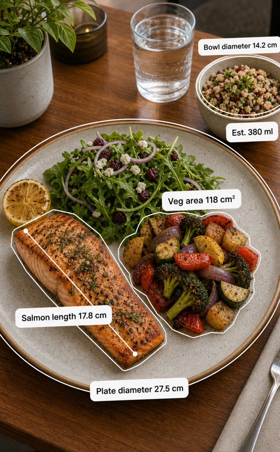 Meal photograph with exact scale measurements for the plate, salmon, vegetables, bowl, and serving volume