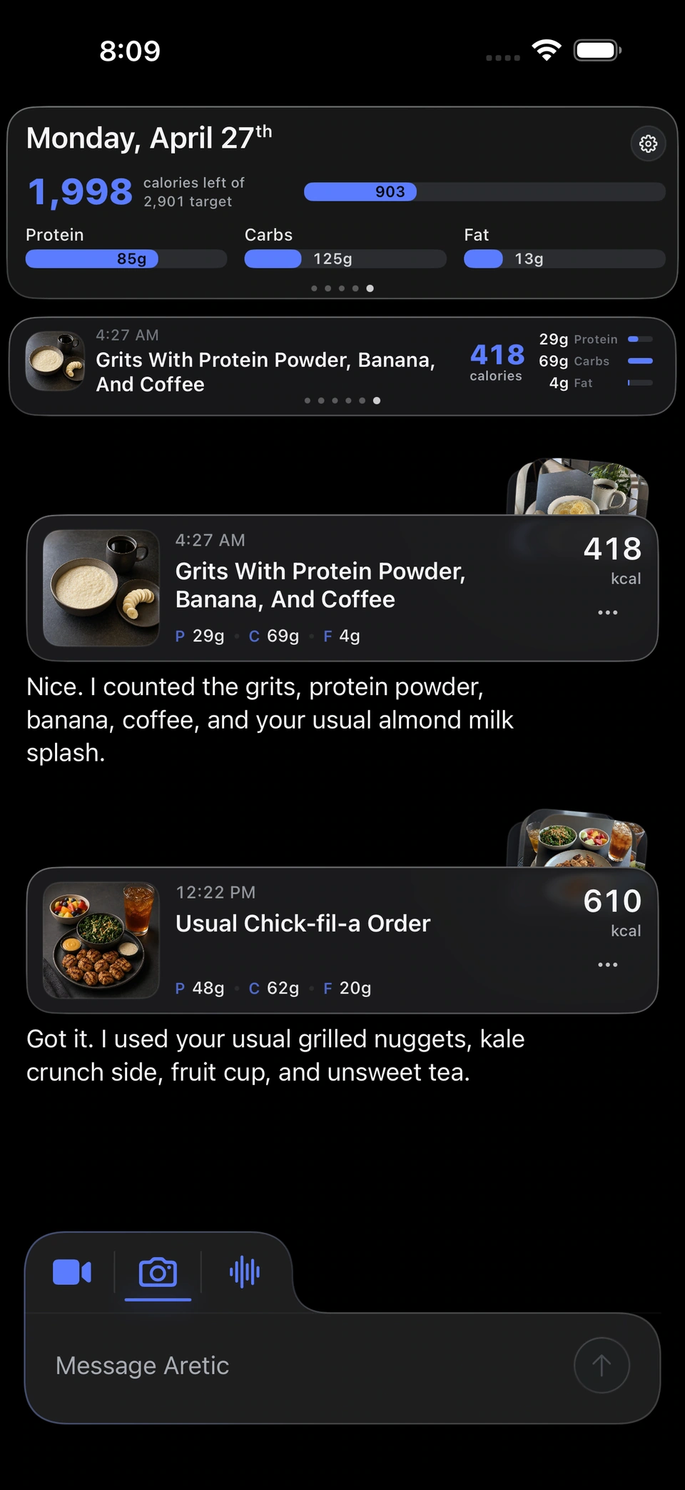 Aretic capture screen with photo, voice, text, and photo-library meal capture options