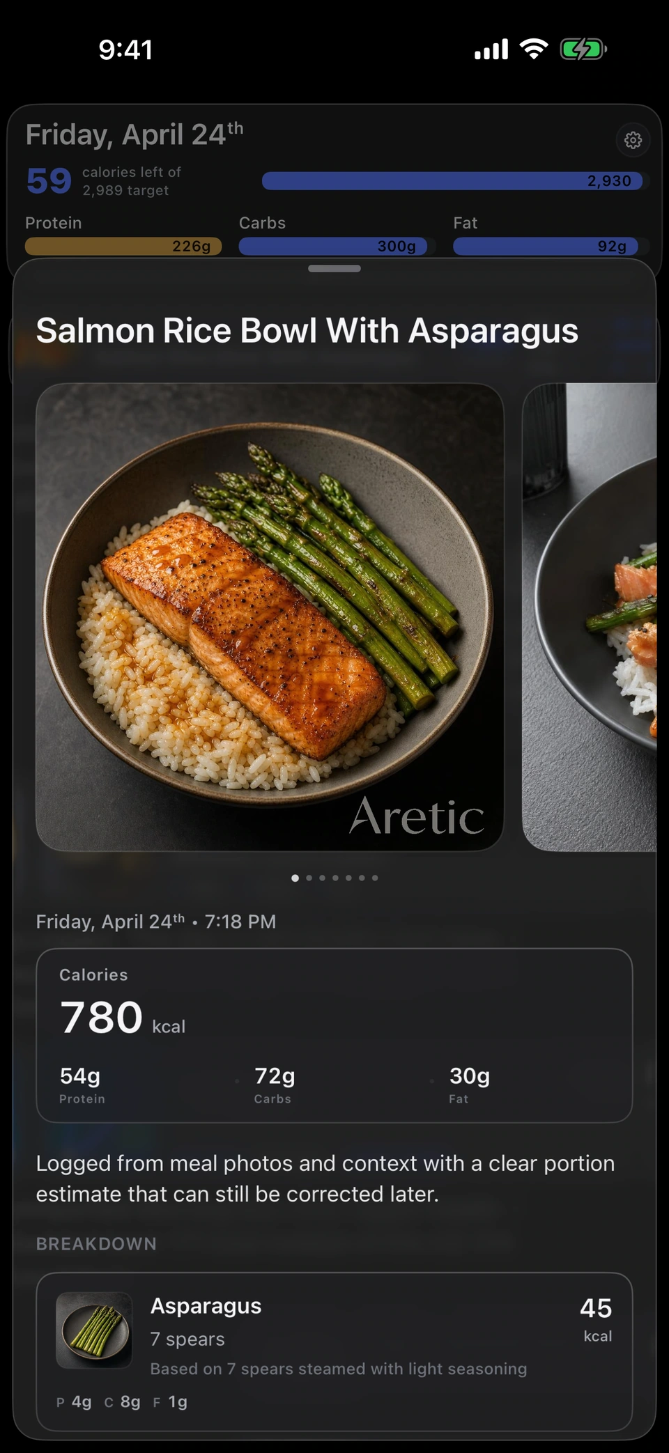 Aretic meal detail screen with an AI-generated nutrition estimate for a salmon rice bowl