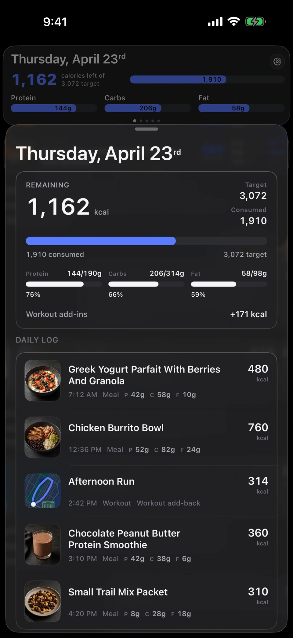 Aretic day view with meals, nutrition targets, and imported activity context