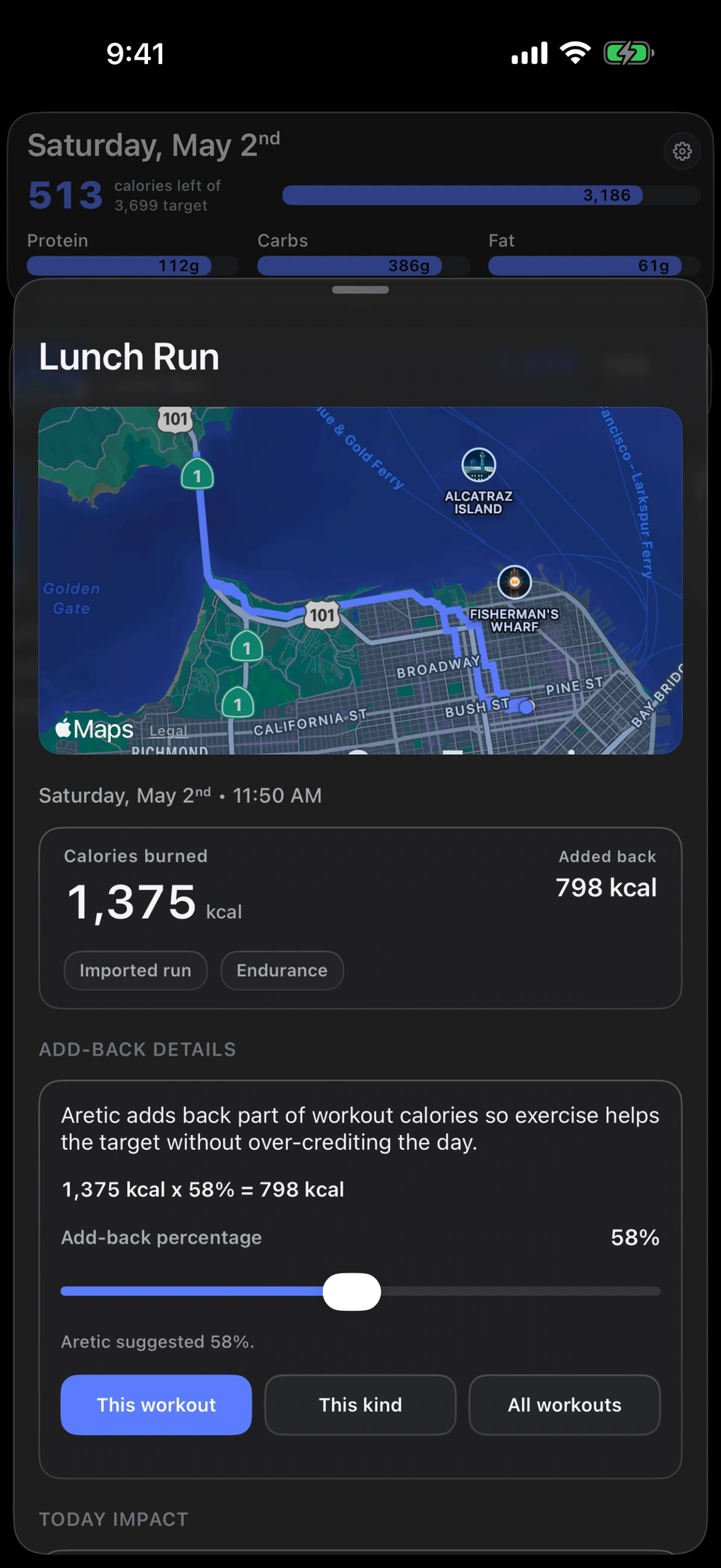 Aretic imported Apple Health workout shown in the nutrition day