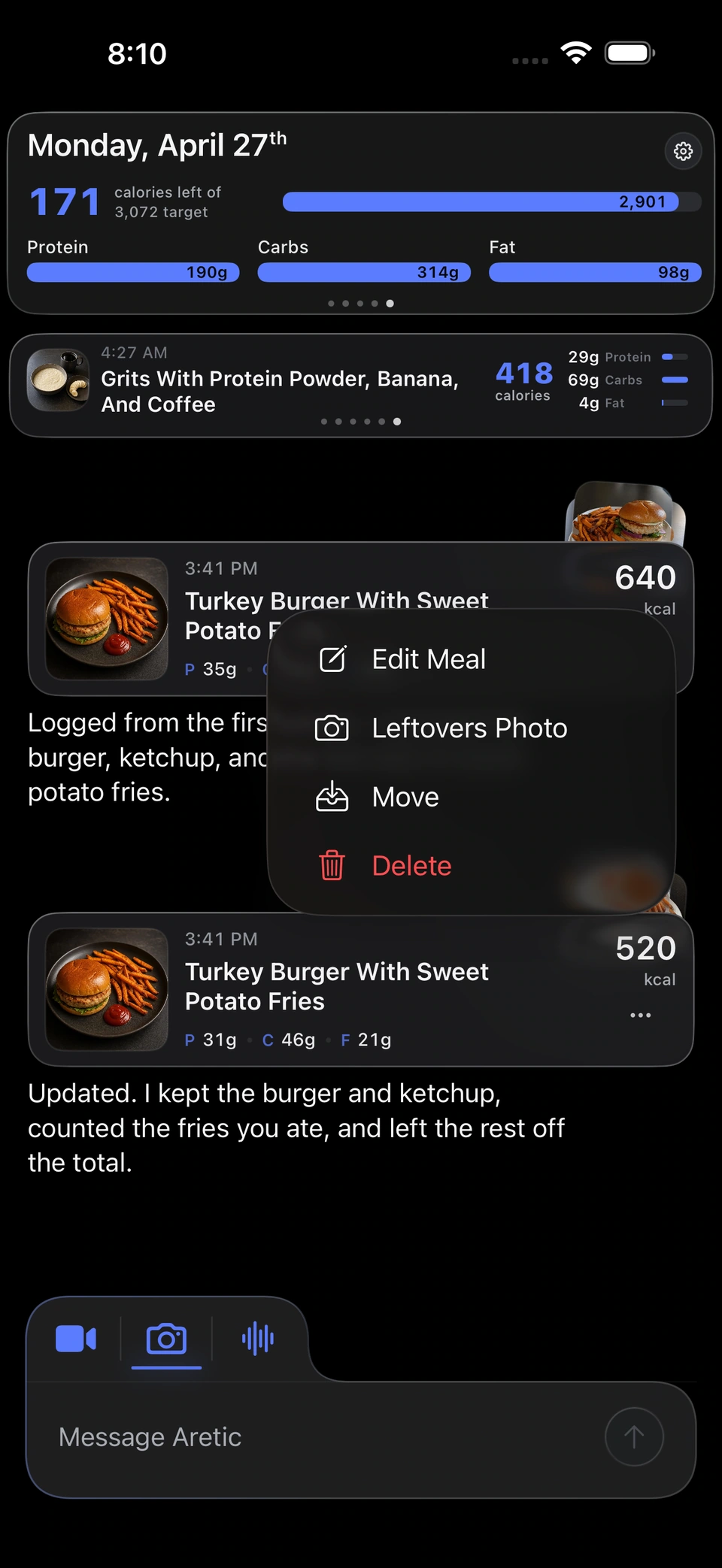 Aretic meal conversation with options to edit a meal or add a leftovers photo