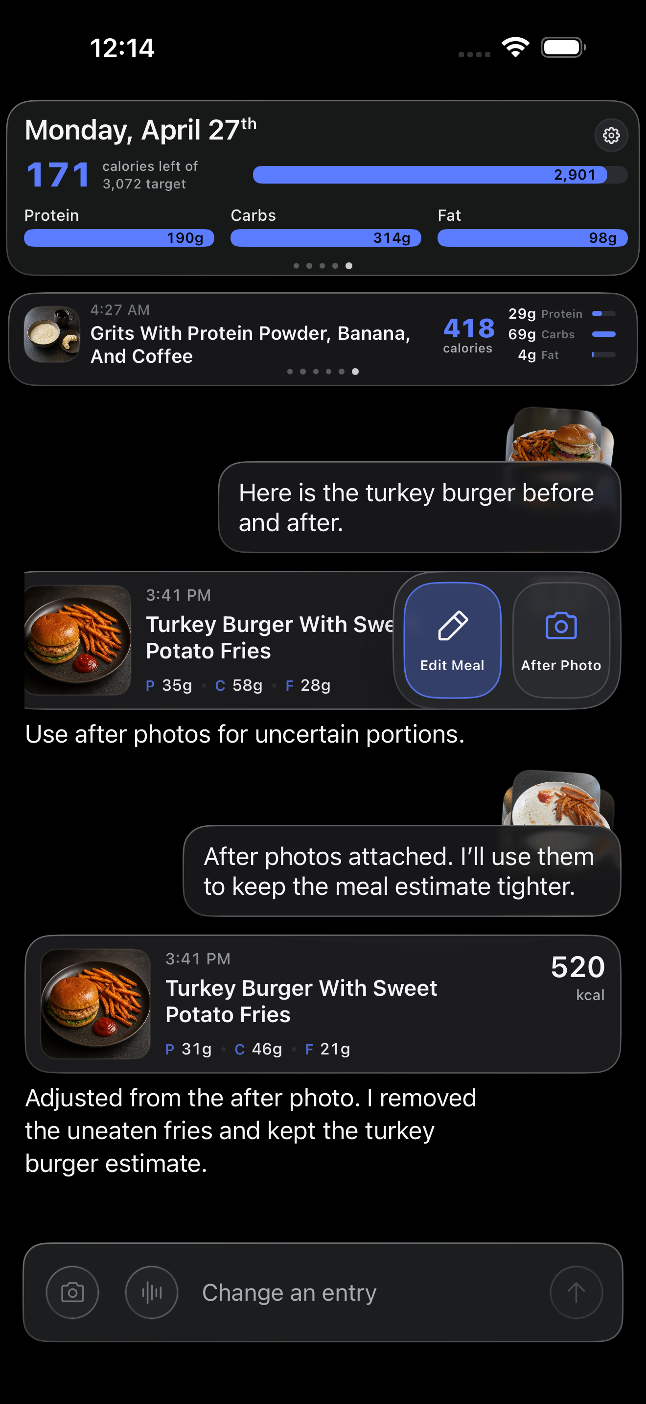 Aretic iPhone screen showing an after-photo update for what was actually eaten