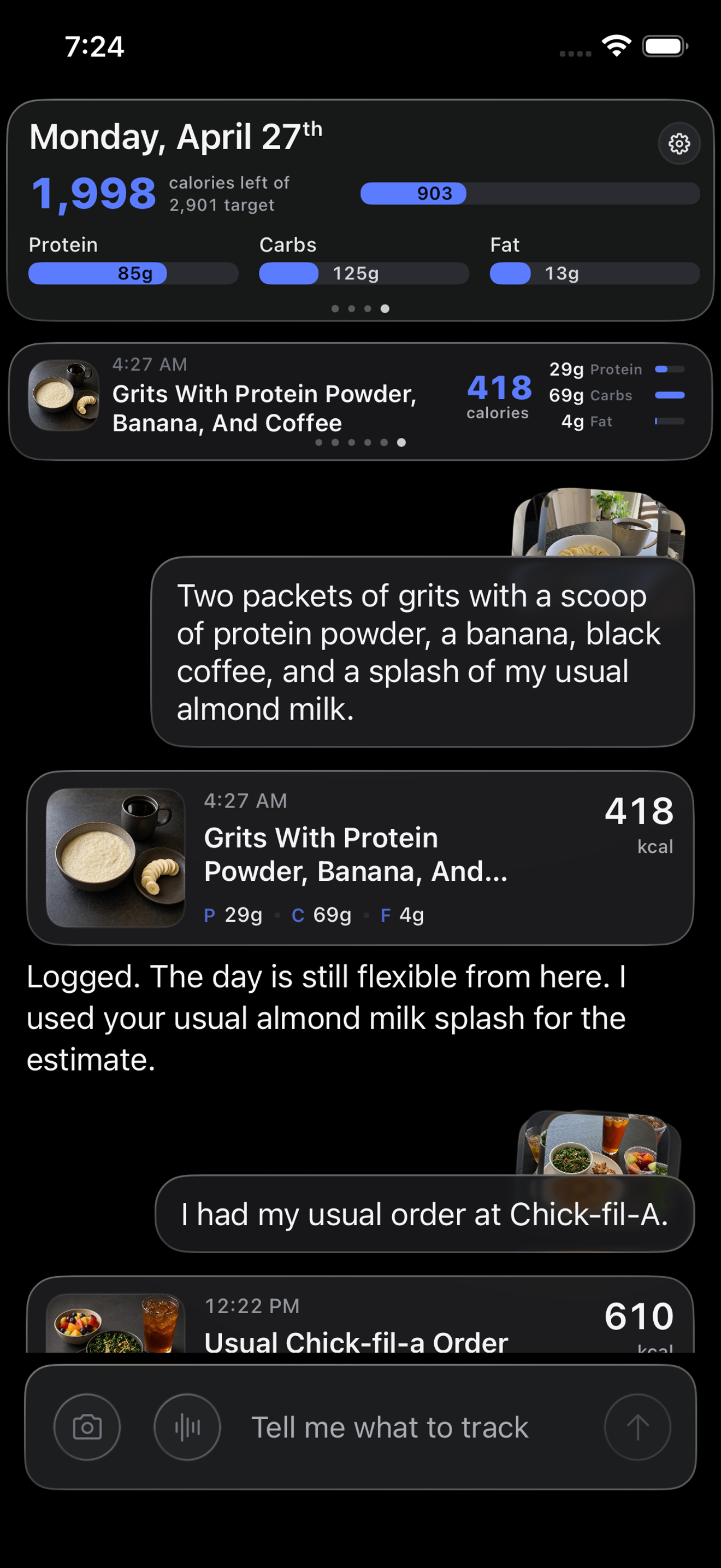 Aretic iPhone screen showing the chat composer for fast meal capture