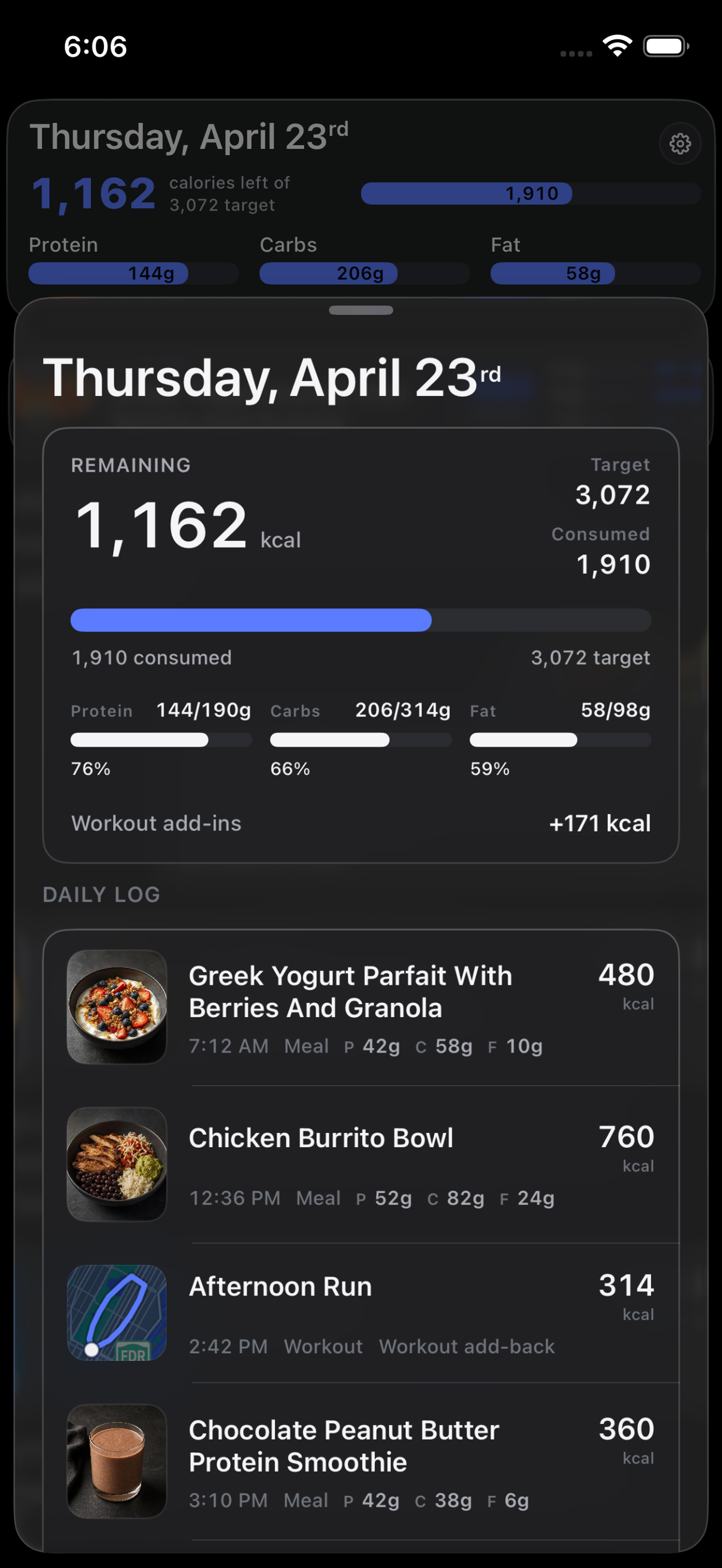 Aretic iPhone screen showing the calm daily nutrition view