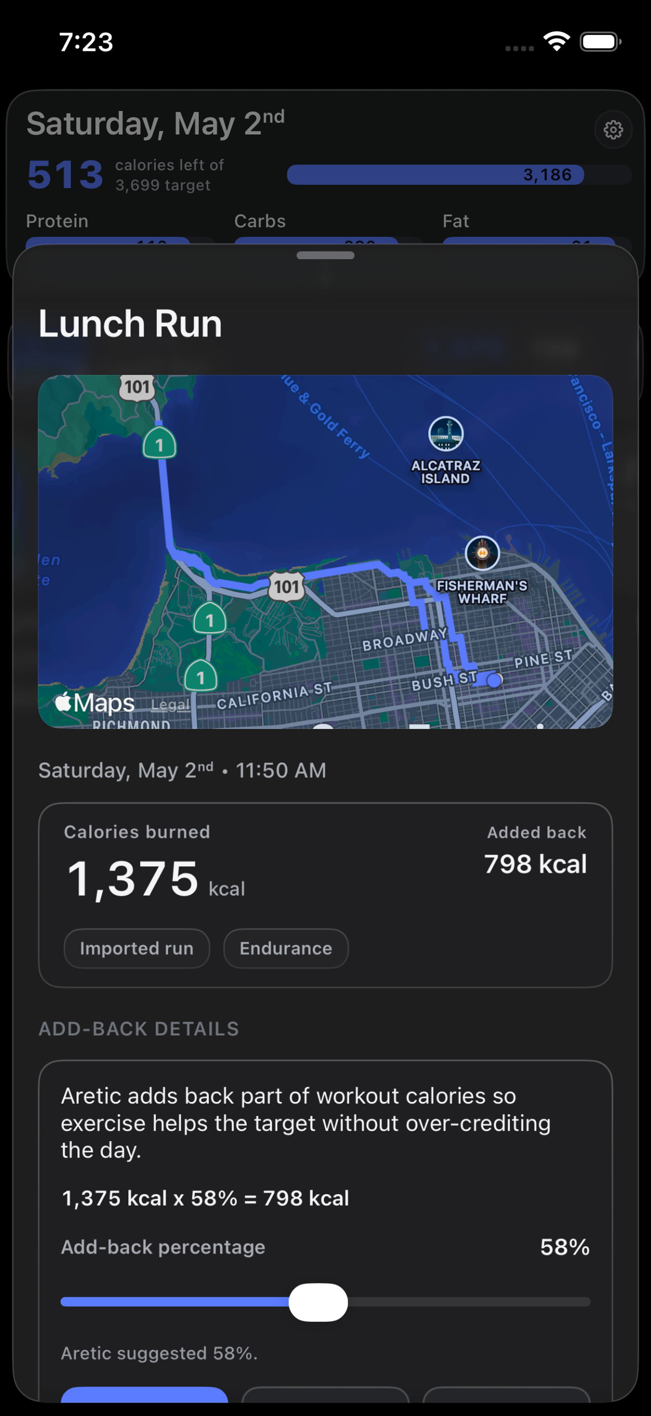 Aretic iPhone screen showing workout context inside the daily nutrition view