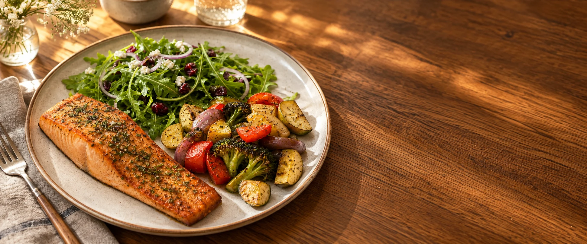 A salmon lunch with rice and vegetables on a sunlit wooden table