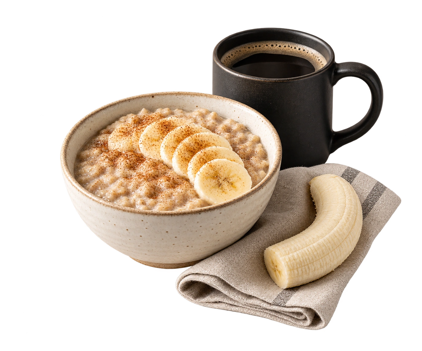 A bowl of oatmeal with banana, coffee, and a linen napkin